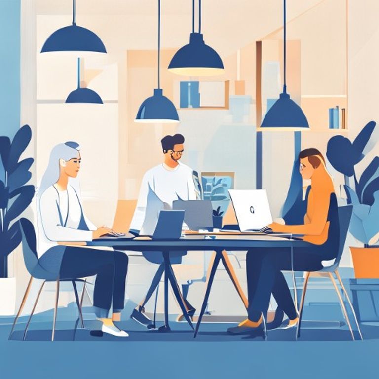 A collaborative workspace with people working together around a table