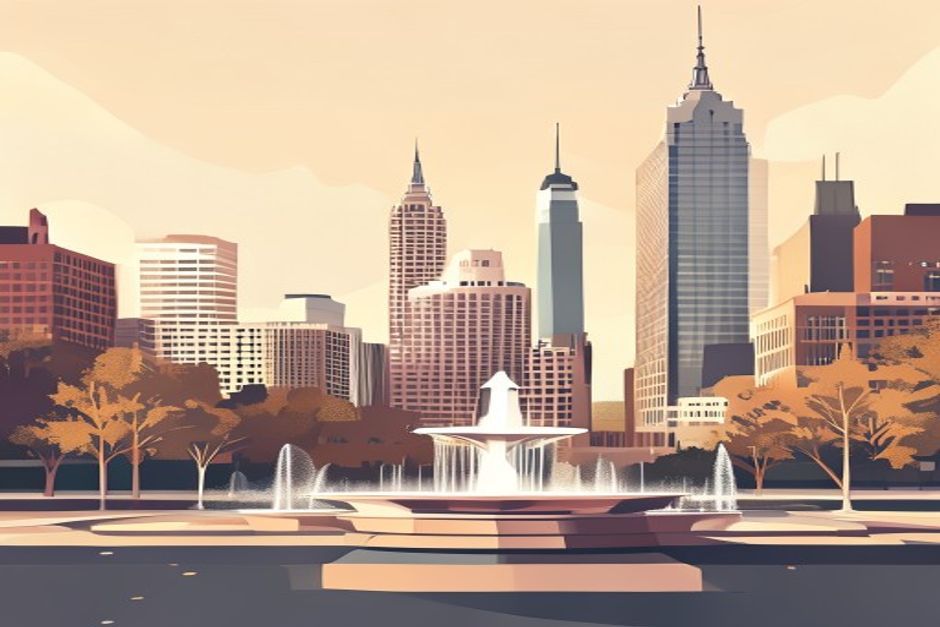 Kansas City skyline and fountain illustration