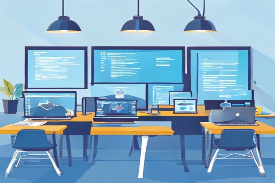 Modern training workshop with laptops and collaborative workstations